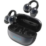 Open charging case with glossy black wireless earbuds inside, brand BRNE visible on the case