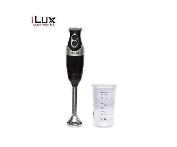 iLux handheld blender with blending shaft and accompanying measuring cup, white background