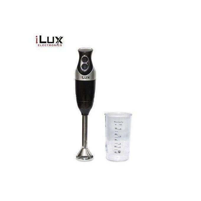 iLux handheld blender with blending shaft and accompanying measuring cup, white background