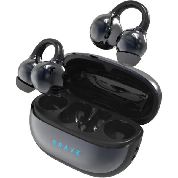 Open charging case with glossy black wireless earbuds inside, brand BRNE visible on the case