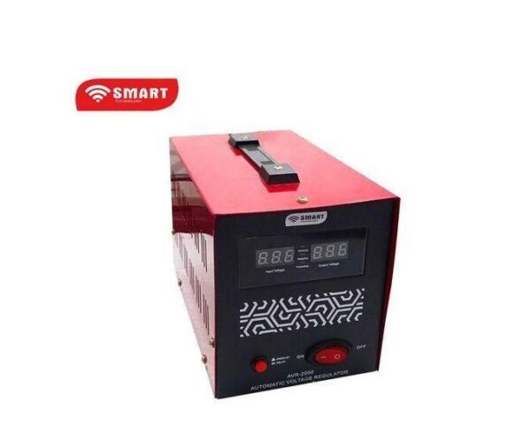 Red SMART automatic voltage regulator with a black front panel, dual digital displays, and a red power switch on top.