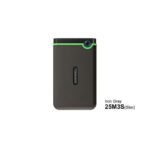 Transcend 25M3S Slim external hard drive in iron gray with a lime-green top edge.
