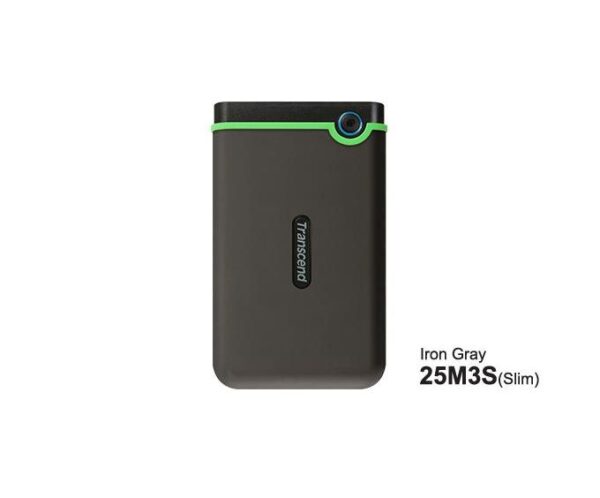 Transcend 25M3S Slim external hard drive in iron gray with a lime-green top edge.