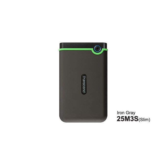Transcend 25M3S Slim external hard drive in iron gray with a lime-green top edge.