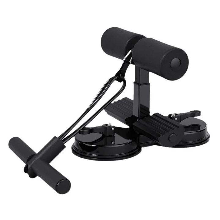 Portable push-up and workout trainer with foam-covered handles and two suction cups for floor stability.