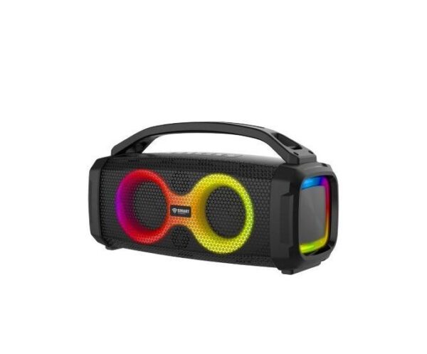 Portable Bluetooth speaker with RGB LED rings and a carrying handle.