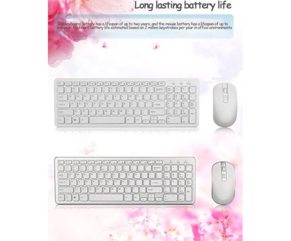 Wireless keyboard and mouse set with long battery life, shown from two angles against a pink floral backdrop.