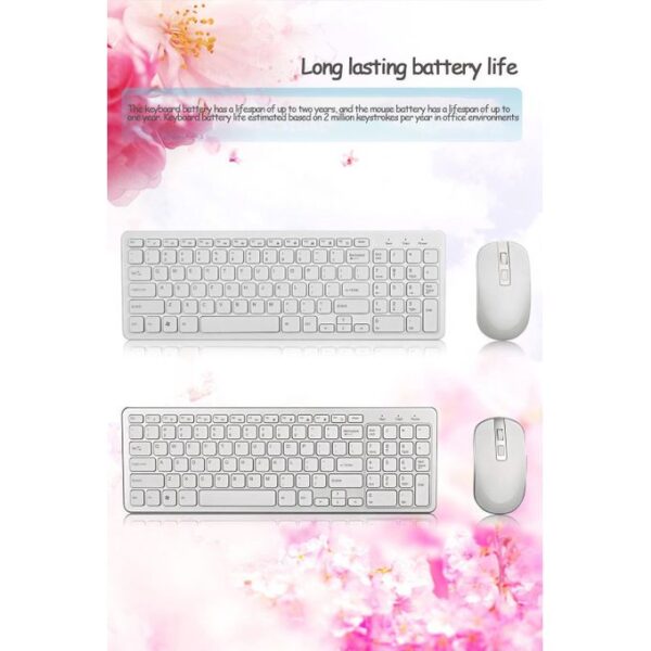 Wireless keyboard and mouse set with long battery life, shown from two angles against a pink floral backdrop.