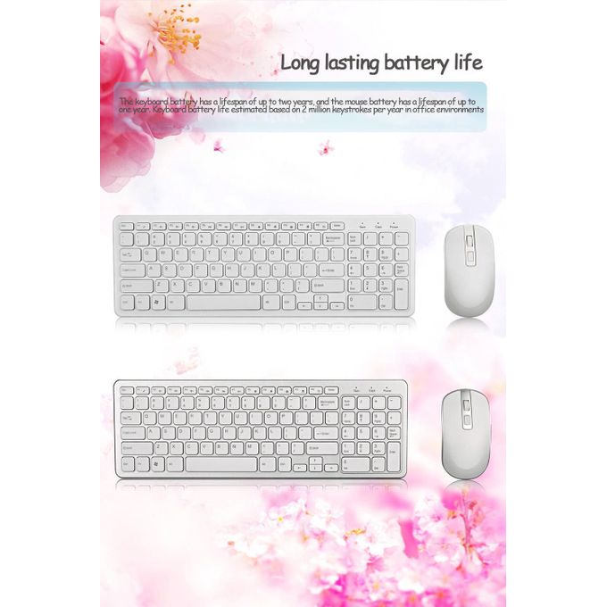 Wireless keyboard and mouse set with long battery life, shown from two angles against a pink floral backdrop.