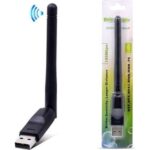 USB Wi‑Fi wireless dongle with a tall external antenna, shown beside its packaging and a Wi‑Fi signal icon