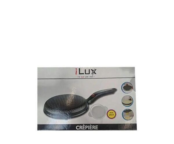 Box packaging for iLux crêpière crepe maker, showing a black textured nonstick pan with a long handle.