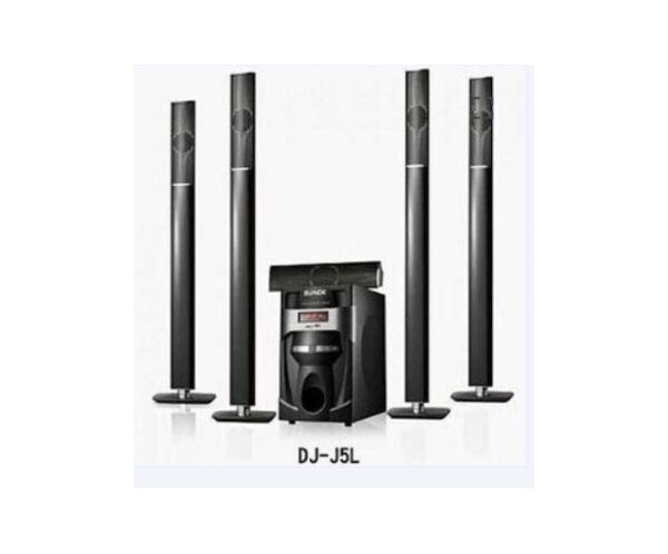 DJ-J5L five-piece home theater speaker system with a central subwoofer and four tall floor-standing speakers.1