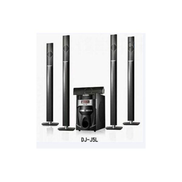DJ-J5L five-piece home theater speaker system with a central subwoofer and four tall floor-standing speakers.1
