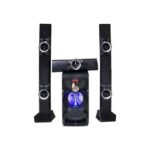 Five-piece home theater speaker system: two tall floor-standing speakers, a center channel, and a subwoofer with blue LED lighting.