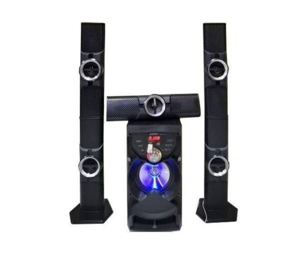Five-piece home theater speaker system: two tall floor-standing speakers, a center channel, and a subwoofer with blue LED lighting.