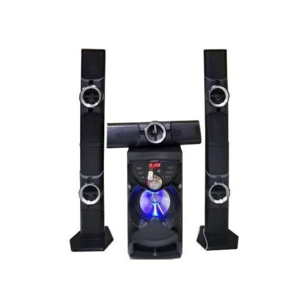 Five-piece home theater speaker system: two tall floor-standing speakers, a center channel, and a subwoofer with blue LED lighting.