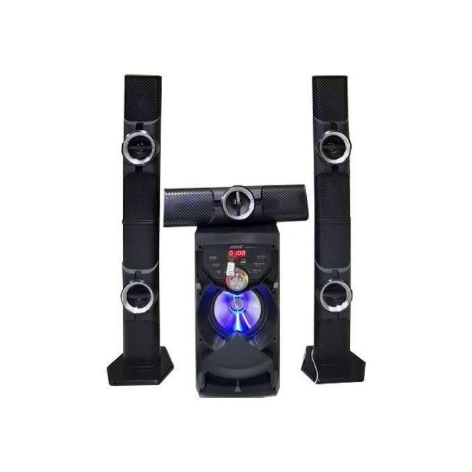 Five-piece home theater speaker system: two tall floor-standing speakers, a center channel, and a subwoofer with blue LED lighting.