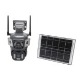 Outdoor solar-powered security camera with multiple sensors (PTZ) and two antenna-like supports beside a solar panel.