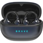 Open charging case with blue BRAVE wireless earbuds inside, ready for use