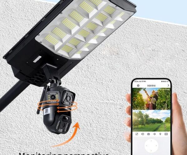LED street light with a pan-tilt/security camera mounted beneath, shown beside a smartphone displaying an app feed