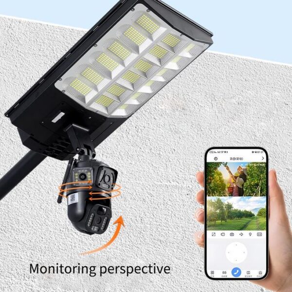LED street light with a pan-tilt/security camera mounted beneath, shown beside a smartphone displaying an app feed