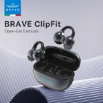 BRAVE ClipFit open-ear wireless earbuds with charging case open, blue logo on case, futuristic background image.