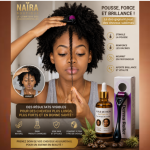 Advertisement showing a woman with curly hair using a scalp roller; castor oil bottle and Derma Roller on the right, highlighting hair vitality and growth.