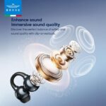 Brave logo in the top left and an exploded view of clip-on earbuds' inner components (drivers and housing) against a blue gradient, conveying enhanced immersive sound and balanced safety-focused design, with the headline 'Enhance sound Immersive sound quality' and the subheading about clip-on earbuds.
