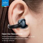 Close-up of a person wearing Brave open-ear wireless headphones resting on the ear; Brave logo in the top-left corner.