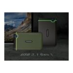 Two Transcend external hard drives (green and gray) with lime accents, placed on a dark surface with USB 3.1 Gen 1 text visible.