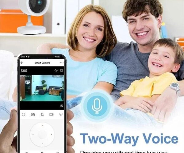 Smiling family on a couch with a wall-mounted security camera; a smartphone screen shows a Smart Camera app and a two-way voice icon.