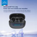 Brave wireless earbuds in their open charging case on a blue gradient background with the BT V5.4 chip headline text above.