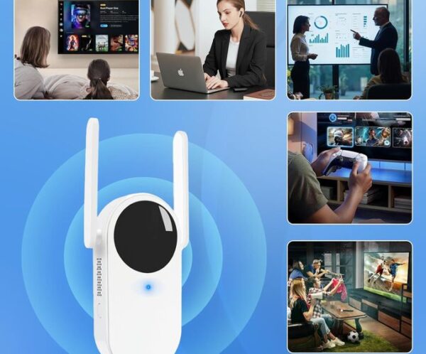 White wireless router with two antennas on a blue background, surrounded by five thumbnails of streaming, work, and gaming.