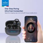 Wireless earbuds in open charging case beside a smartphone showing a music app, advertising one-step pairing and fast Bluetooth connection for BRAVE earbuds.