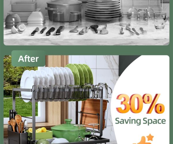 Before and After: crowded countertop with dishes and utensils, then an organized dish rack saving space.