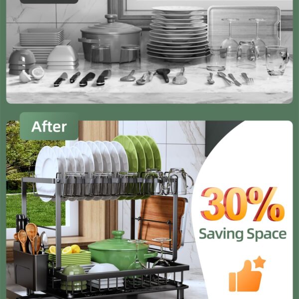 Before and After: crowded countertop with dishes and utensils, then an organized dish rack saving space.