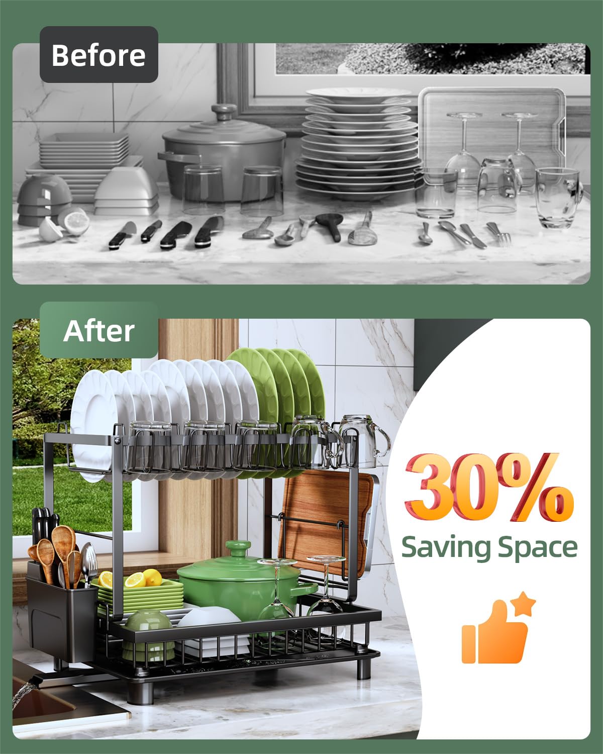 Before and After: crowded countertop with dishes and utensils, then an organized dish rack saving space.