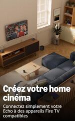 Living room with a wall-mounted TV, wooden media console, blue sofa, and a plant; large white French ad text promoting a home cinema with Echo and Fire TV.