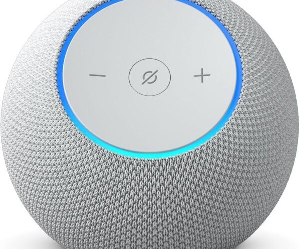 Spherical smart speaker with gray fabric exterior and a circular control panel displaying minus, mute, and plus symbols, surrounded by a blue LED ring.