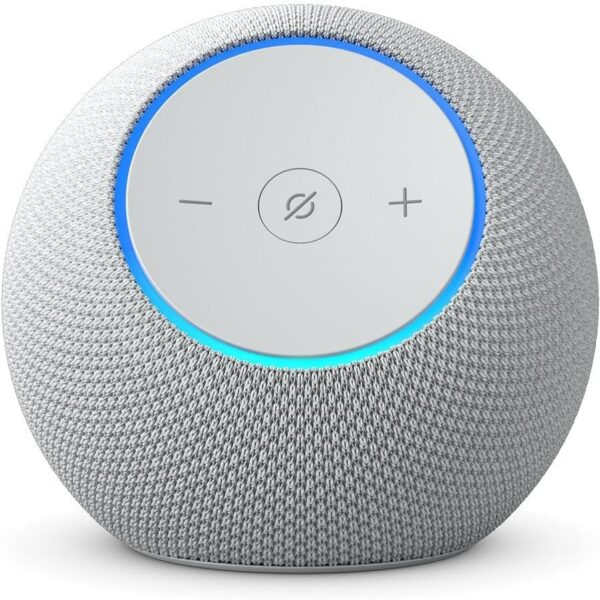 Spherical smart speaker with gray fabric exterior and a circular control panel displaying minus, mute, and plus symbols, surrounded by a blue LED ring.