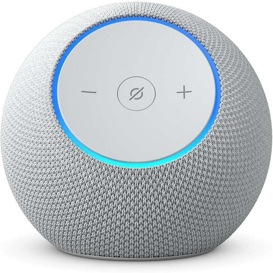 Spherical smart speaker with gray fabric exterior and a circular control panel displaying minus, mute, and plus symbols, surrounded by a blue LED ring.