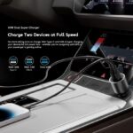 Car center console shows two devices charging at full speed with a total 69W (36W Type-C + 33W USB-A).