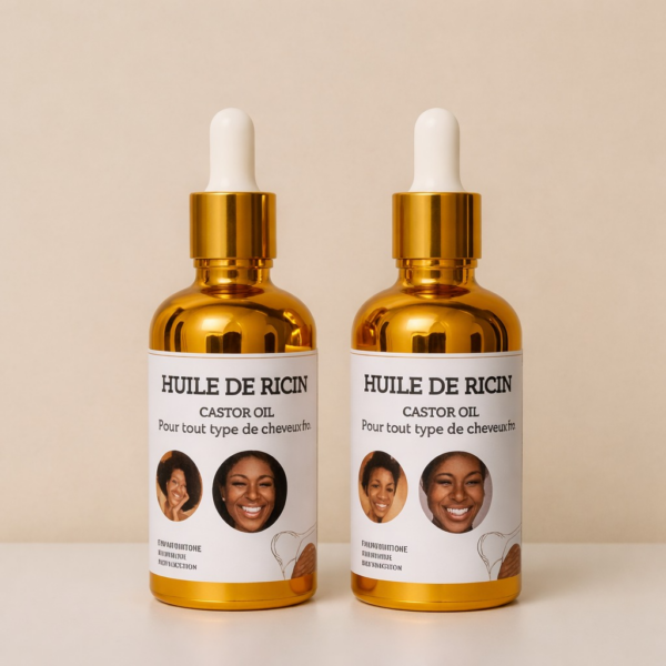 Pair of amber glass castor oil dropper bottles with white labels and smiling-face images on the labels, standing side by side on a beige background.