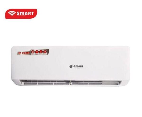 White SMART air conditioner indoor unit mounted on a wall with logo visible on the front panel, left-side control area clear and red branding above the unit's vent.