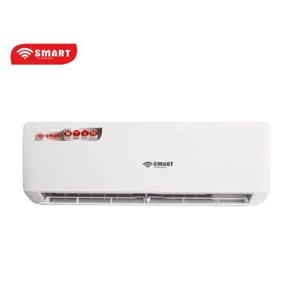 White SMART air conditioner indoor unit mounted on a wall with logo visible on the front panel, left-side control area clear and red branding above the unit's vent.