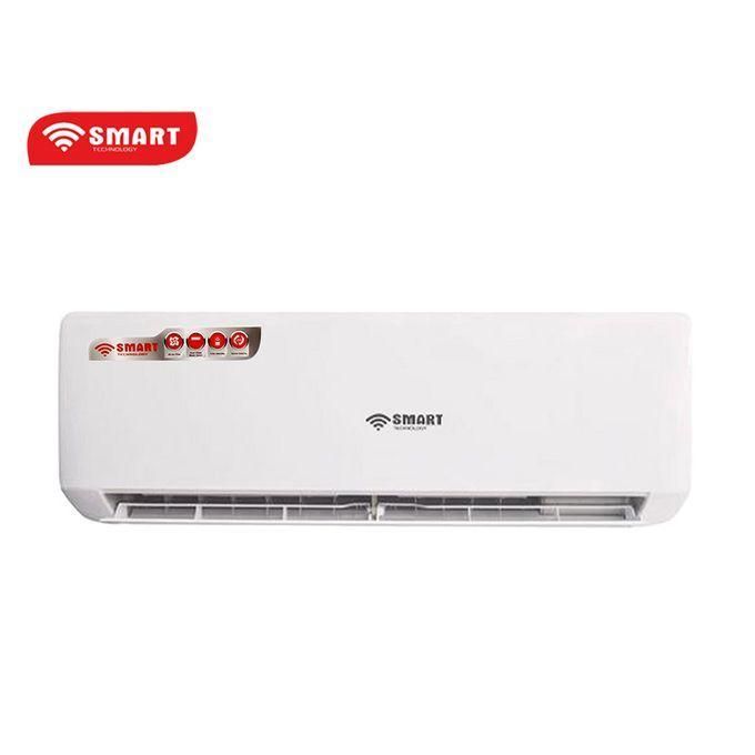White SMART air conditioner indoor unit mounted on a wall with logo visible on the front panel, left-side control area clear and red branding above the unit's vent.