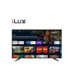 iLux logo above a flat-screen TV showing a streaming app home screen with thumbnails for Netflix, YouTube, Prime Video, and apps