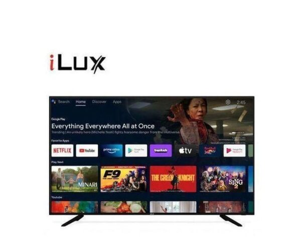iLux logo above a flat-screen TV showing a streaming app home screen with thumbnails for Netflix, YouTube, Prime Video, and apps