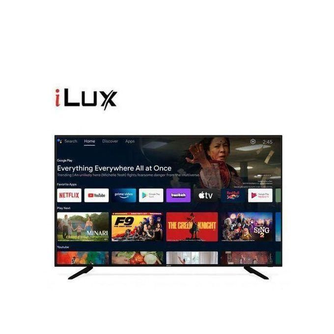 iLux logo above a flat-screen TV showing a streaming app home screen with thumbnails for Netflix, YouTube, Prime Video, and apps