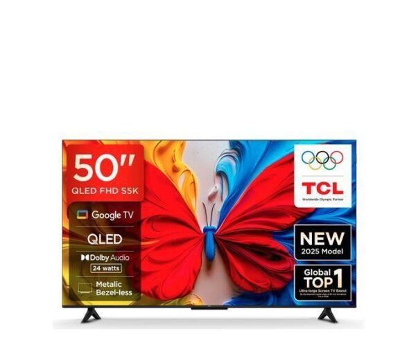 52-inch? Actually 50-inch TCL QLED 4K TV with colorful butterfly artwork and stand; highlights include Google TV, Dolby Audio, and 2025 model label.